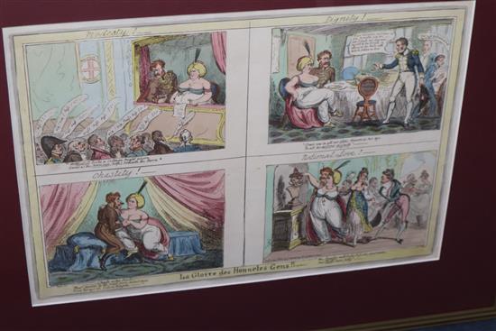 Five 19th century coloured engravings, assorted caricatures including Mermaids at Brighton